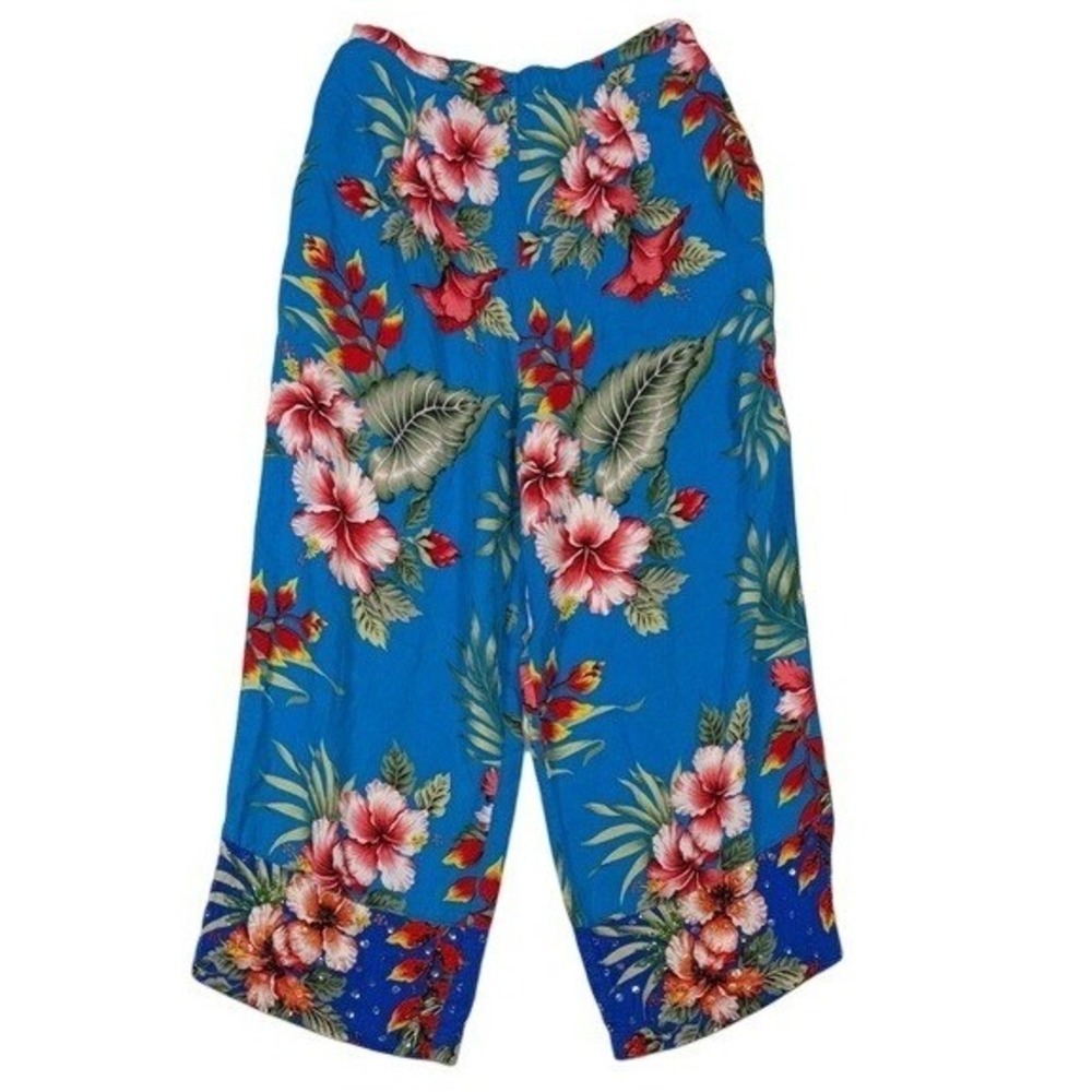 Baik Baik Honolulu Womens Blue Tropical Floral Wide Leg Beaded Pants Size M